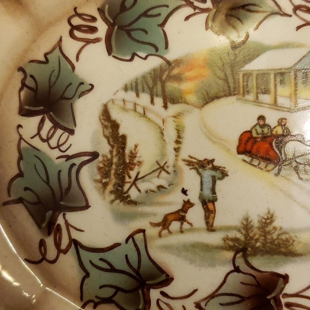 Vintage Currier & Ives Small Oval Ashtray Brown Winter Scene Very Pretty VGC - Picture 10 of 13